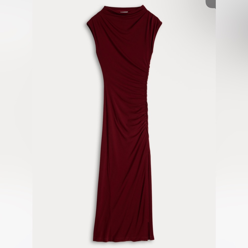 Robbie Bee Burgundy Bodycon Midi Dress Ruched Side Slit NWT - Picture 2 of 5